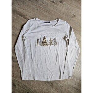 Karen Scott Women's Medium White Cotton Embellished Tree T-Shirt Long Sleeves